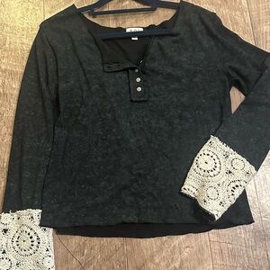 POL Black Long Sleeve Top with Cream Lace Cuffs